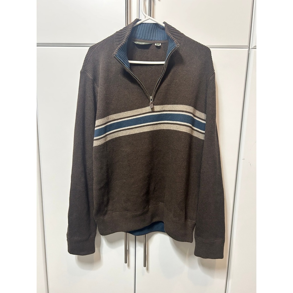 Eddie Bauer Mens XL Brown Blue Striped Quarter Zip Ribbed Knit Pullover‎ Sweater